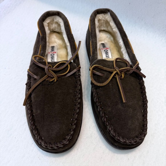 Minnetonka Mens Pile Lined Hardsole Moccasin Slipper Chocolate Brown 3908 Sz 10M - Picture 11 of 12